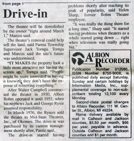 Albion Drive-In Theatre - Albion Article 2-23-89